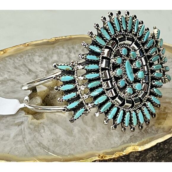 ZUNI Sterling Silver Kingman Turquoise Cluster Bracelet Signed N & R Nez - NEW - Picture 1 of 16